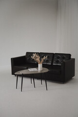 Minimalist interior with a black leather sofa and a coffee table. On the table is a white vase with dried flowers and a newspaper. Modern design, light background, cozy atmosphere. Suitable for decor 