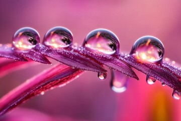Fototapeta premium A hyper-realistic close-up of morning dew on grass blades in a yard, with each droplet reflecting the surrounding garden and sunlight