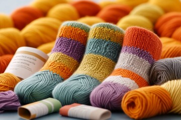 A knitting project featuring a pair of socks in vibrant patterns, surrounded by matching yarn skeins and a pattern booklet