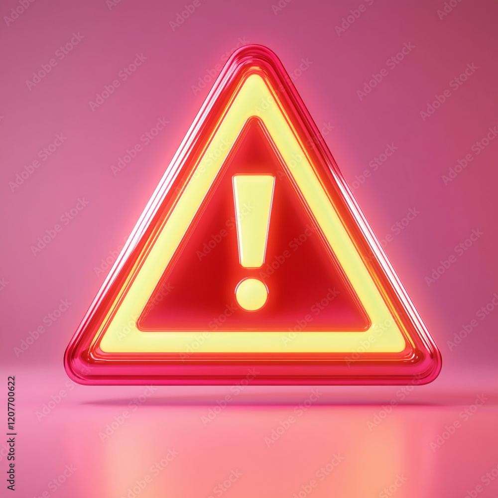 Poster glowing red warning triangle with exclamation mark on a pink gradient background