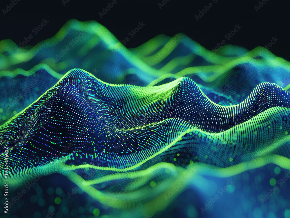 Poster dynamic representation of big data network with glowing blue and green lines illustrating vibrant da
