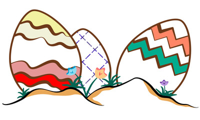 Illustration of colorful patterned Easter eggs placed on the ground with grass and small flowers. Celebrate Easter, some of the images are transparent.