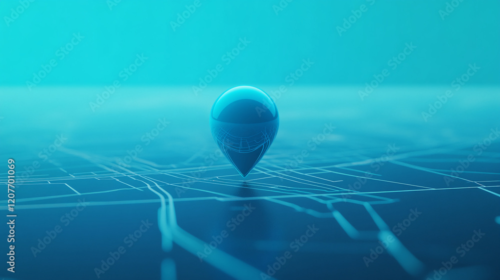 Aufkleber glossy blue location pin on abstract digital map with a futuristic gradient background