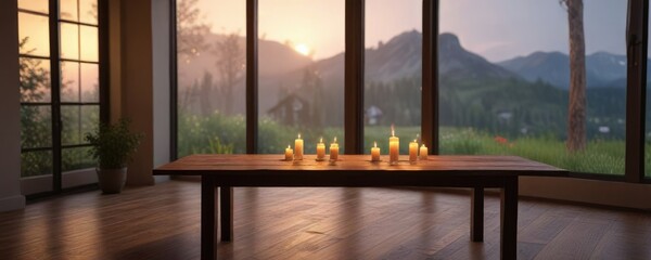 Candlelit wooden table in a room with large windows that let in plenty of natural light, inviting ambiance, calm atmosphere