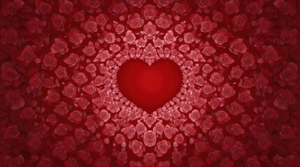 Beautiful Red Heart Framed with Roses on a Rich Red Background for Romantic and Love Themed Designs, Celebrations of Affection and Expression of Emotions