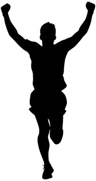 Silhouette of a marathon runner with arms up in the air in celebration, isolated 