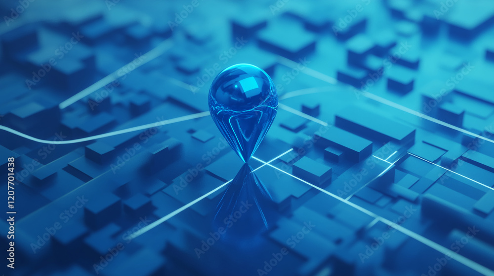 Poster Glossy blue location pin on abstract 3D digital map with geometric grid design