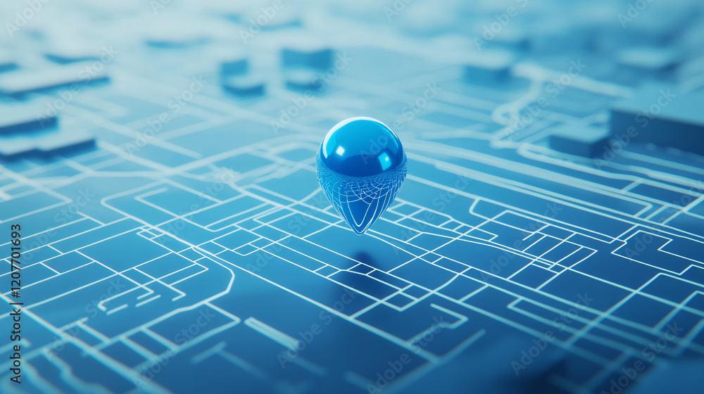 Fototapete blue glossy location pin on a digital map with abstract grid lines and futuristic design