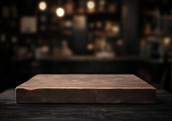 Dark wooden table in blurred cafe background.