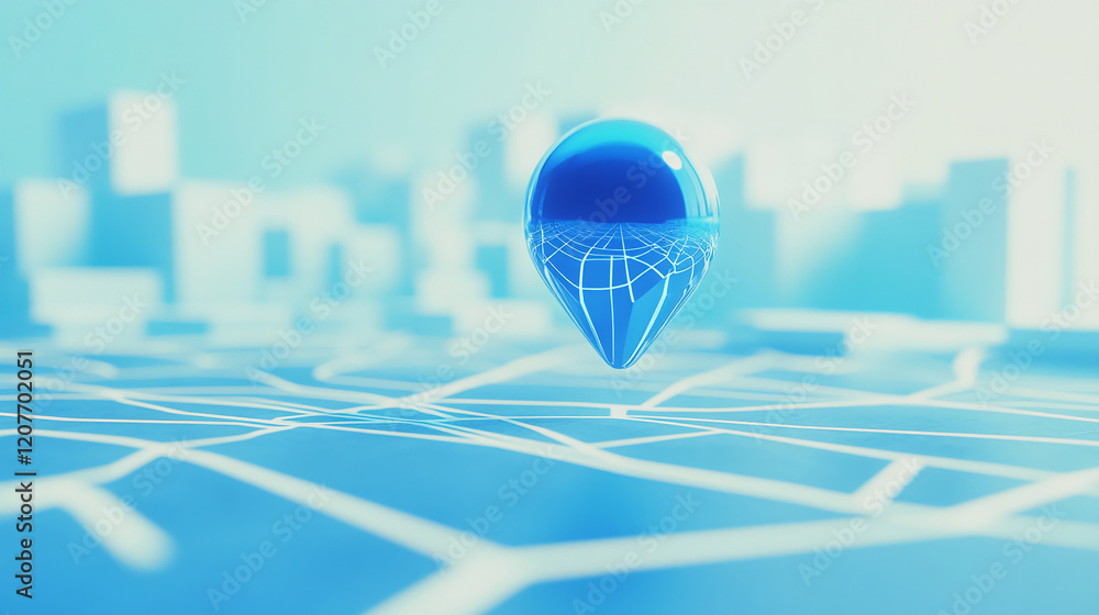 Poster blue glossy location pin on abstract digital map with blurred city background