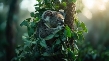 Obraz premium A koala clinging to a eucalyptus tree, chewing on fresh leaves, illuminated by soft sunlight,