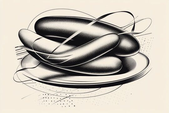 A minimalist design of a greasy wurst sausage on a plain plate, with bold lines and muted tones to emphasize simplicity