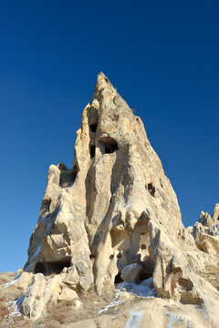 Eroded volcanic tuff early Christian nunnery troglodyte cave dwelling in Goreme Open Air Museum National Park, Cappadocia Turkey