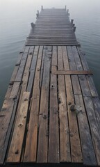 Fototapeta premium An old, weathered dock stretches out into the misty morning, its wooden slats worn smooth by years of exposure to the elements and saltwater , misty morning, old wood, boat dock