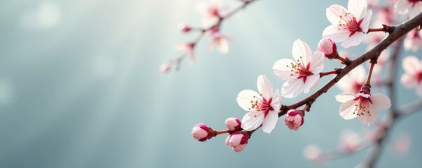 Obraz premium Cherry blossom branches loaded with soft white blooms, white, tree, twigs