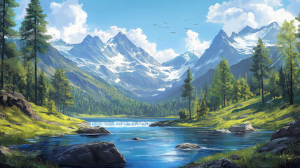 Wild mountain scenery poster template, designed for use in flyers, cards, and banners.