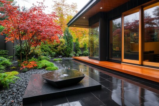 A modern yard with a small fountain, minimalist landscaping, and a zen garden area for meditation