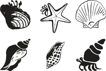 Hand-drawn Collection of Seashells, Starfish, and Crabs