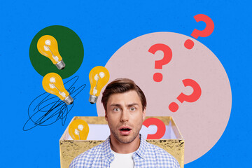Creative sketch collage of astonished man open mouth think decision question mark light bulb idea...