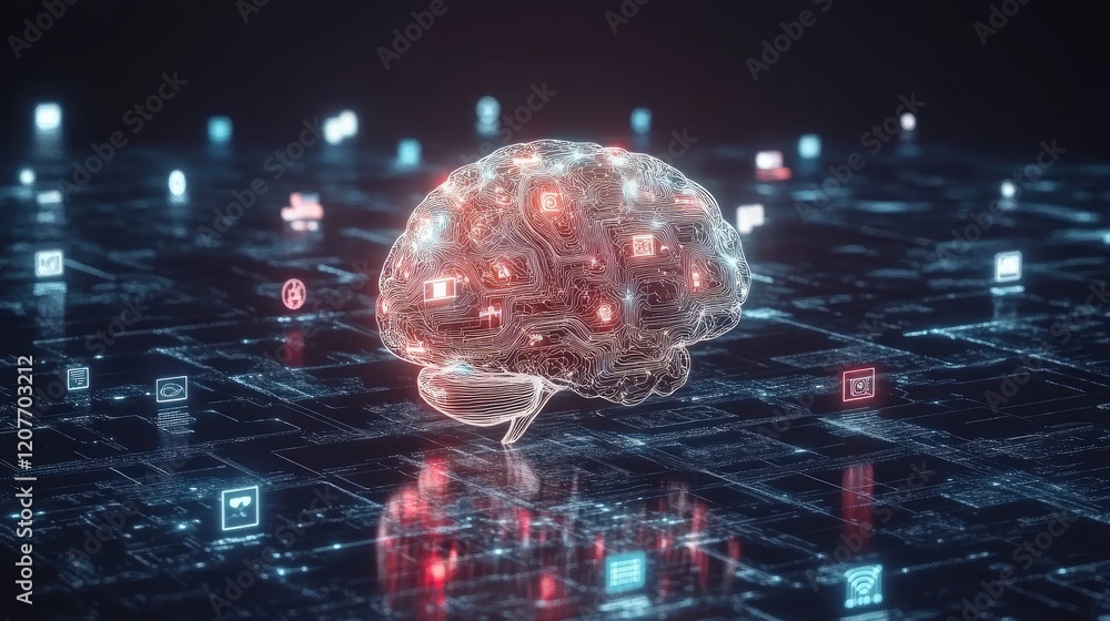 Poster a glowing digital brain surrounded by icons representing artificial intelligence and neural networks