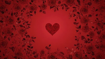 Vibrant Red Heart Surrounded by Beautiful Rose Floral Design on Deep Red Background Ideal for Romantic Themes and Celebratory Occasions
