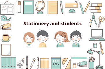 シンプルな文房具と学生のイラスト素材セット２