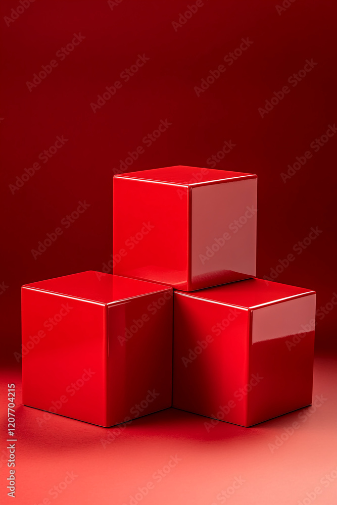 Poster three red glossy product podium displays arranged on a vibrant red background