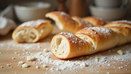 Baguette Bread Freshly baked sweet bread with powdered sugar