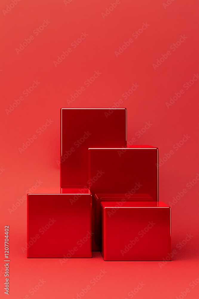 Poster glossy red product podium displays stacked on a vibrant red background