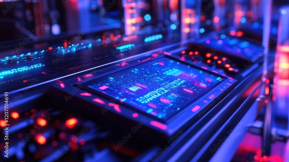 Poster futuristic control panel displaying complex data analysis with glowing lights and digital interface,