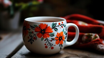 Cozy autumn tea in floral mug on wood