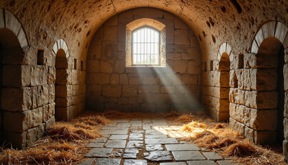 Bastille Prison Bastille Day Copy space Sunlight through arched stone jail cell with straw