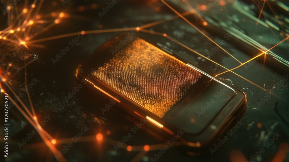 Poster futuristic smartphone displaying world map with glowing particles, symbolizing global connectivity a