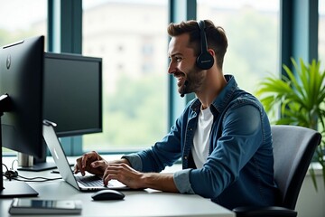 Professional Male Representative Providing Online Support with a Friendly Smile in an Office Setting