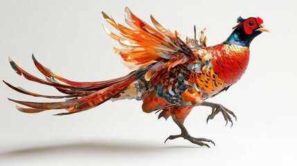 Obraz premium Vibrant Artistic Representation of a Colorful Pheasant in Motion Against a Clean White Background