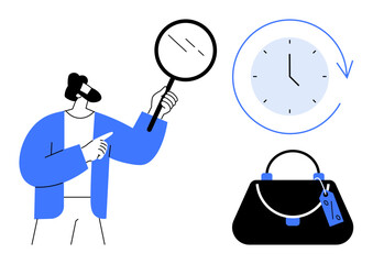 Man holding magnifying glass points at clock with arrow and handbag with tag. Ideal for time management, product review, quality control, efficiency, investigation, research, optimization. Abstract