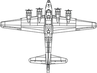 Detailed Line Art of a B-17 Flying Fortress Bomber