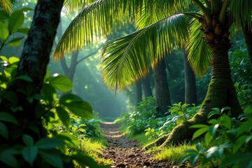 Palmetto bush with lush green fronds and Spanish moss, leaves, humid