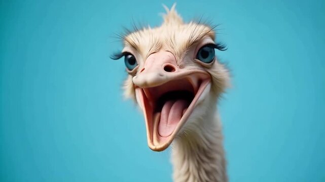 Funny ostrich with laughing on a blue background