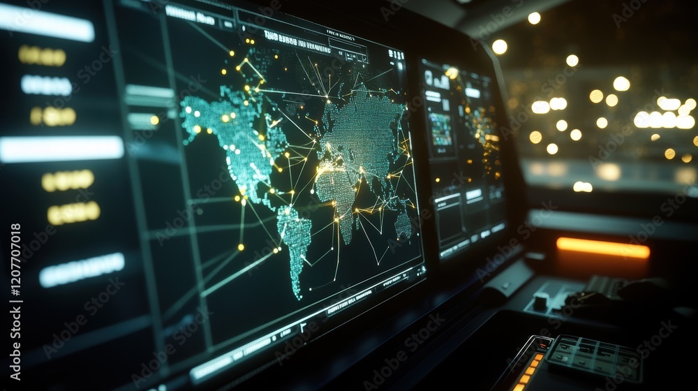 Poster futuristic control room featuring multiple computer screens with a world map, showcasing network con