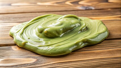 Close-up of khaki-colored slime on a wooden surface, speckled, macro, swirly