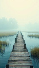 Obraz premium Wooden Pier in a Misty Wetland Scene for World Wetlands Day Content