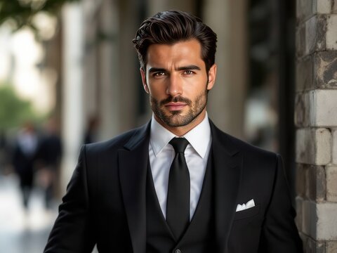 A man with dark hair and a beard, wearing a black three-piece suit,