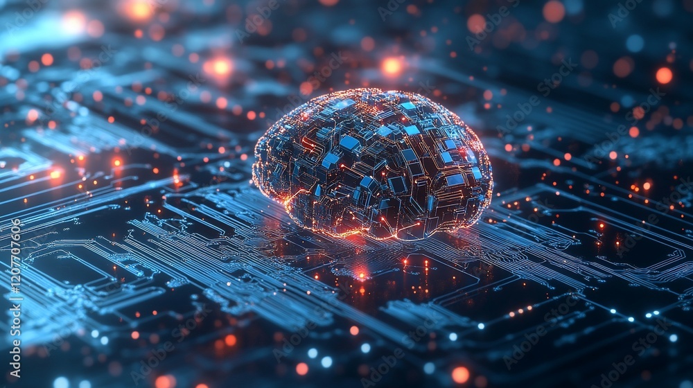 Poster artificial intelligence concept with glowing brain on circuit board for tech background