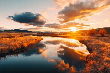 A serene view of the Laramie River at twilight, with the last rays of sunlight catching the rippling surface