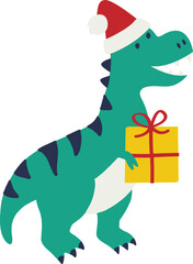 Cute Dinosaur with Santa Hat Holding a Gift for Christmas