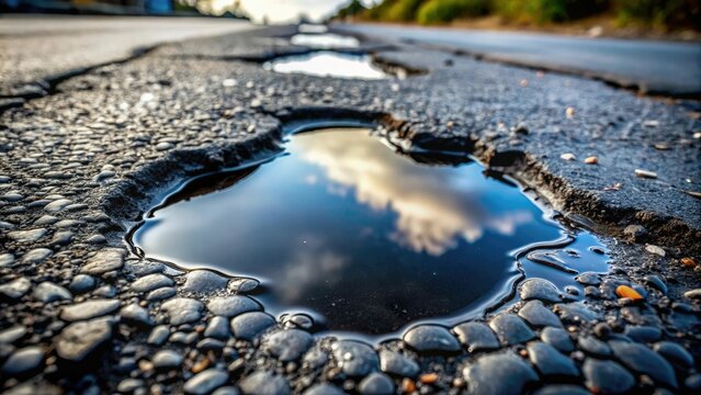Black and slimy puddle on a cracked stone road, stone, soil, decayed