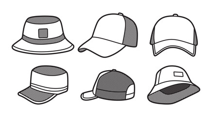 black and white picture, various hats