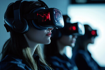 Team of professionals using virtual reality headsets during a cutting-edge corporate training session, innovative atmosphere.