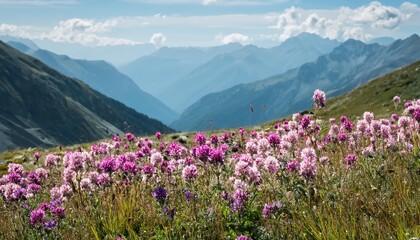 Fototapeta premium Vibrant Wildflowers Bloom Across Mountain Valley
